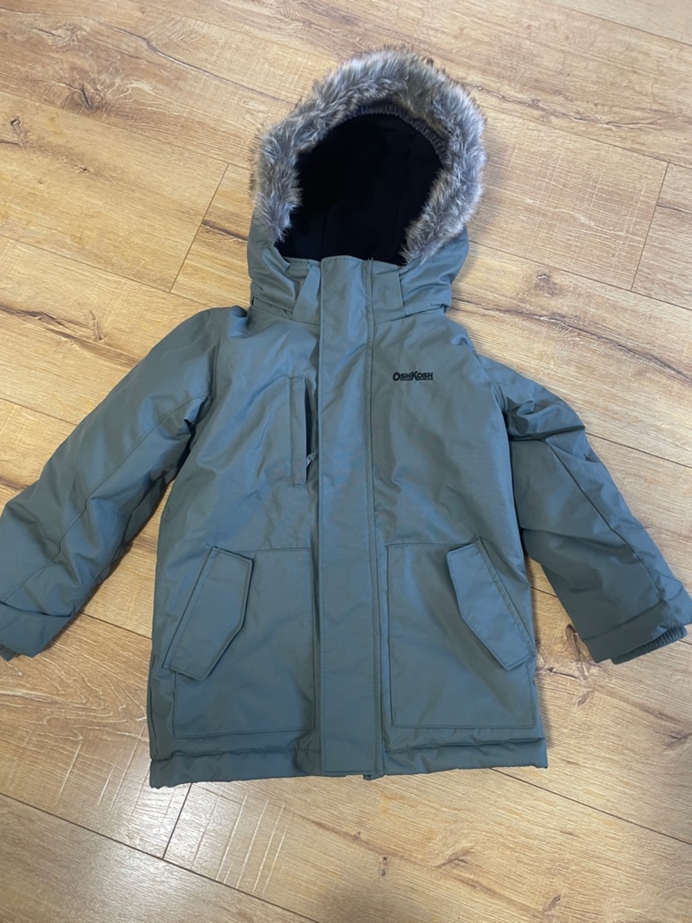 OshKosh B'gosh Olive Hooded Puffer Jacket with Faux Fur Trim